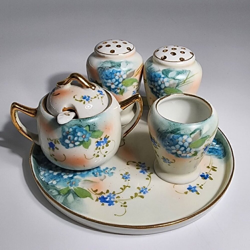 TT Takito Co Condiment Set Japan Hand Painted Cream Sugar Salt Pepper Tray